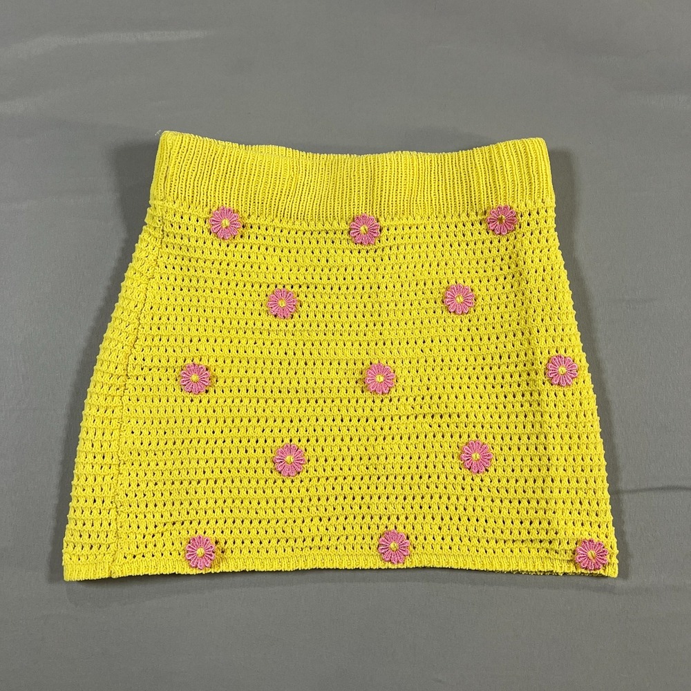 Rue21 Crochet Mini Skirt Kids M Yellow Pink Floral Appliques Ribbed Waistband